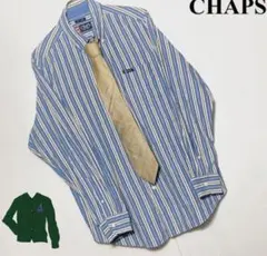 《縦ストライプ》CHAPSチャップス　長袖シャツ　M☆ライトブルー基調　刺繍ロゴ