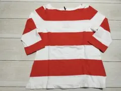 OLD NAVY オレンジレッドと白のストライプ 七分袖 Tシャツ M