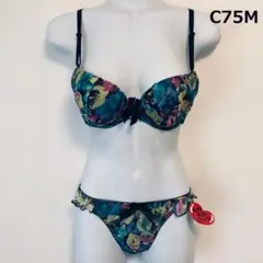 【stir】花柄 シフォン モールドカップ ブラ＆ショーツ★ブルー C75M