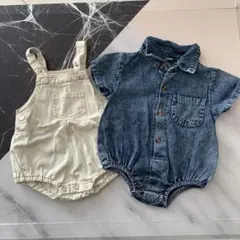 美品◆デニムシャツ　デニム　ホワイト　ロンパース　2点セット