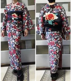 小紋 着物 花柄 黒地 袷　銘仙のサムネイル