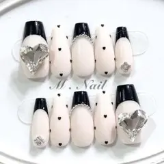 ネイルチップ フレンチガーリー リボン ハートホロ ドットネイル 量産型 韓国
