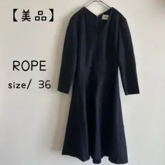 【超美品】ROPE ロペ　ワンピース　紺　36 Ｖネック　長袖　フレアスカート