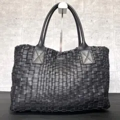 【美品】FALORNI BLACK イントレチャート レザー 肩掛けトートバッグ