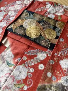 辻ヶ花 金通し 振袖 落ち着いた赤 豪華 西陣織 袋帯 黒 セット