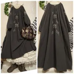 Sm2/リネン混ｘ花刺繍ピンタックワンピース　ゆったりシルエット着心地良い一枚