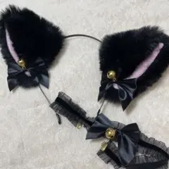 【お得2点セット】猫耳カチューシャ 黒 ファー チョーカー鈴付き