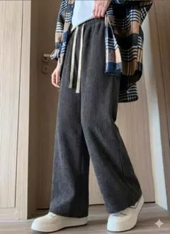 体型カバー✨ コーデュロイ ワイドパンツ ガウチョパンツ 裏起毛 春秋冬 グレー