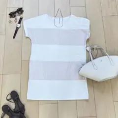 LOWRYSFARM 白 × ベージュカットソー 半袖 チュニック丈　ボーダーM