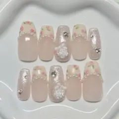 no.002 ネイルチップ ワンホン 韓国 ガーリー 薔薇 バラネイル