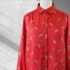 レトロブラウス 柄シャツ 朱色 ペイズリー柄 花柄 レトロポップ B91 15号