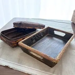 【セット】 ヴィンテージ木製トレイ&竹籠のサムネイル