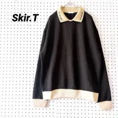 スカート ポロ襟スウェット カットソー トップス バイカラー ロゴ刺繍（L相当）