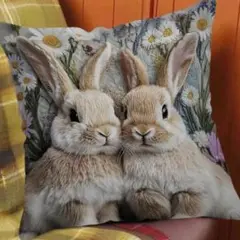 ウサギさん【クッションカバー】刺繍プリント　おしゃれ　動物ラビット　かわいい犬猫