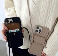 大人気 iPhone 15 ブラック レザー調ケース ショルダー