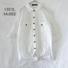 【セシルマクビー】前結び シアーブラウス 5部袖 チェック ロールアップ 白 M
