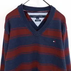 トミーヒルフィガー　Vネック　ニット　セーター　ボーダー　スーピマ　刺繍　紺　L