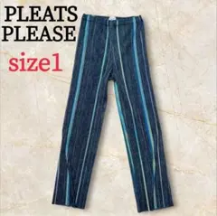 【美品】PLEATS PLEASE　ブラックデニム風ネオンストライプパンツ　希少のサムネイル