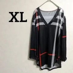 美品✨️【XL】ストライプ Vネック 長袖チュニック ストレッチ 薄手 春秋