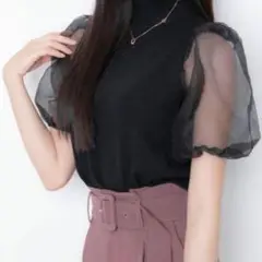 GRL at1248 袖チュール切替えハイネックトップス 黒　ブラウス