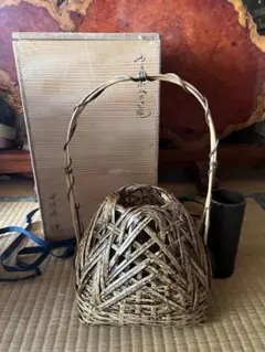 明治期 古竹編 瓢箪形花籠 古木置台 網代細工花籠 花器 花入 花生 華道具 明治期 古竹編 瓢箪形花籠 古木置台 網代細工花籠 花器 花
