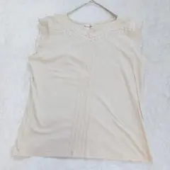 ベージュ 半袖 Tシャツ きなり 白 レース ピンタック シフォン袖 LL