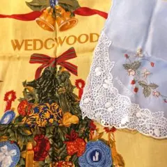未使用　WEDGWOOD ウェッジウッド　ハンカチ２枚 水色刺繍　黄色クリスマス