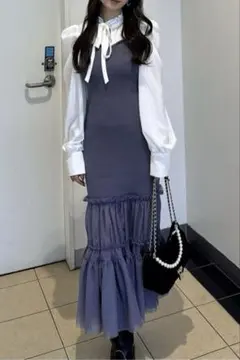 rienda チュールドッキングニットマーメイドワンピース 秋服 冬服