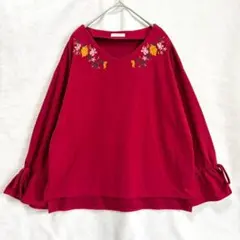 コルザ 花柄刺繍 フレア袖 リボン袖 Vネック プルオーバー 赤 M ゆったりのサムネイル
