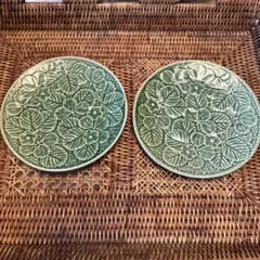 MAISON DE FAMILLE 緑色陶器プレート 苺の花模様3セット