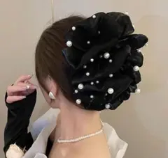 ヘアクリップ 大ぶり パール 黒 髪飾り ヘアアレンジ リボン