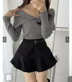 ベルト付きペプラムフレアミニスカート　黒