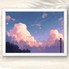 A4 夕空に浮かぶハートの雲と小鳥の癒し風景アート インテリアポスター 水彩画