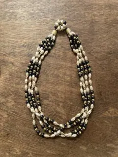 ヴィンテージ 多連ネックレス フェイクパール ブラックビーズ ゴールド