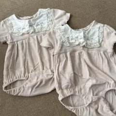 【双子】Cottoliピンクのレース襟ロンパース2点セット70