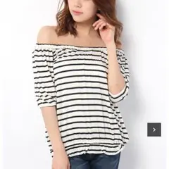 azulbymoussy柄wht オフショルギャザーボーダー半袖プルオーバー