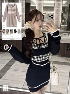 ギンガムチェック柄配色ラインニットミニワンピース[ru1353] Sサイズ