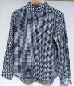UNIQLO　プレミアムリネン　ギンガムチェック　長袖シャツ　ネイビー系　M