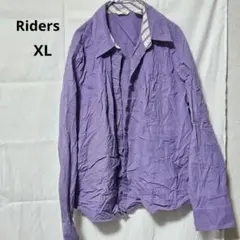 ライダース 無地 長袖シャツ ストライプ襟 XL 紫 綿 ゆったり ビッグサイズ