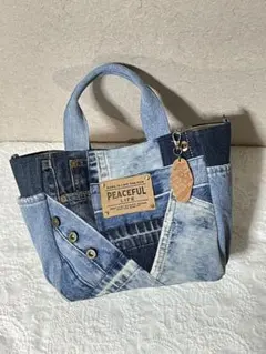 ‪‪☆ALLデニムリメイク‪☆両サイドポケットトートバッグ☆。.:＊・゜①