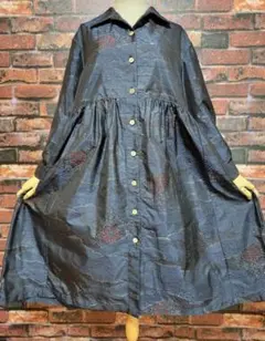 め0234着物リメイク正絹大島紬藍泥道長取草花文前開切替ワンピースハンドメイド