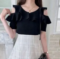 grl ラッフルショルダーオープンニットトップス　ブラック　dr692