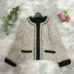 【INDIVI V.A.I】ノーカラージャケット (38) ツイード グレー M