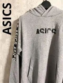 ASICS グレー パーカー フード付き　長袖　タグ　ロゴ　刺繍