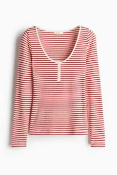 H&M リブヘンリーネックトップス L 赤白ボーダー 長袖 カットソー
