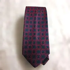 シルク100% 幾何学模様 ネクタイ ネイビー/レッド