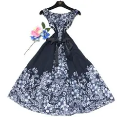 未使用級　ローラアシュレイ　ロングワンピース　花柄　リボン　ネイビーブルー