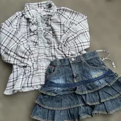 mezzo piano チェックブラウス　デニムスカート　120