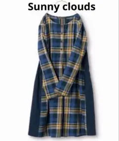 サニークラウズ　気さくな青いチェックの割烹着ワンピース　チェックワンピース