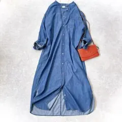 美品 ドアーズ バンドカラー デニム シャツワンピース ロングワンピース ブルー